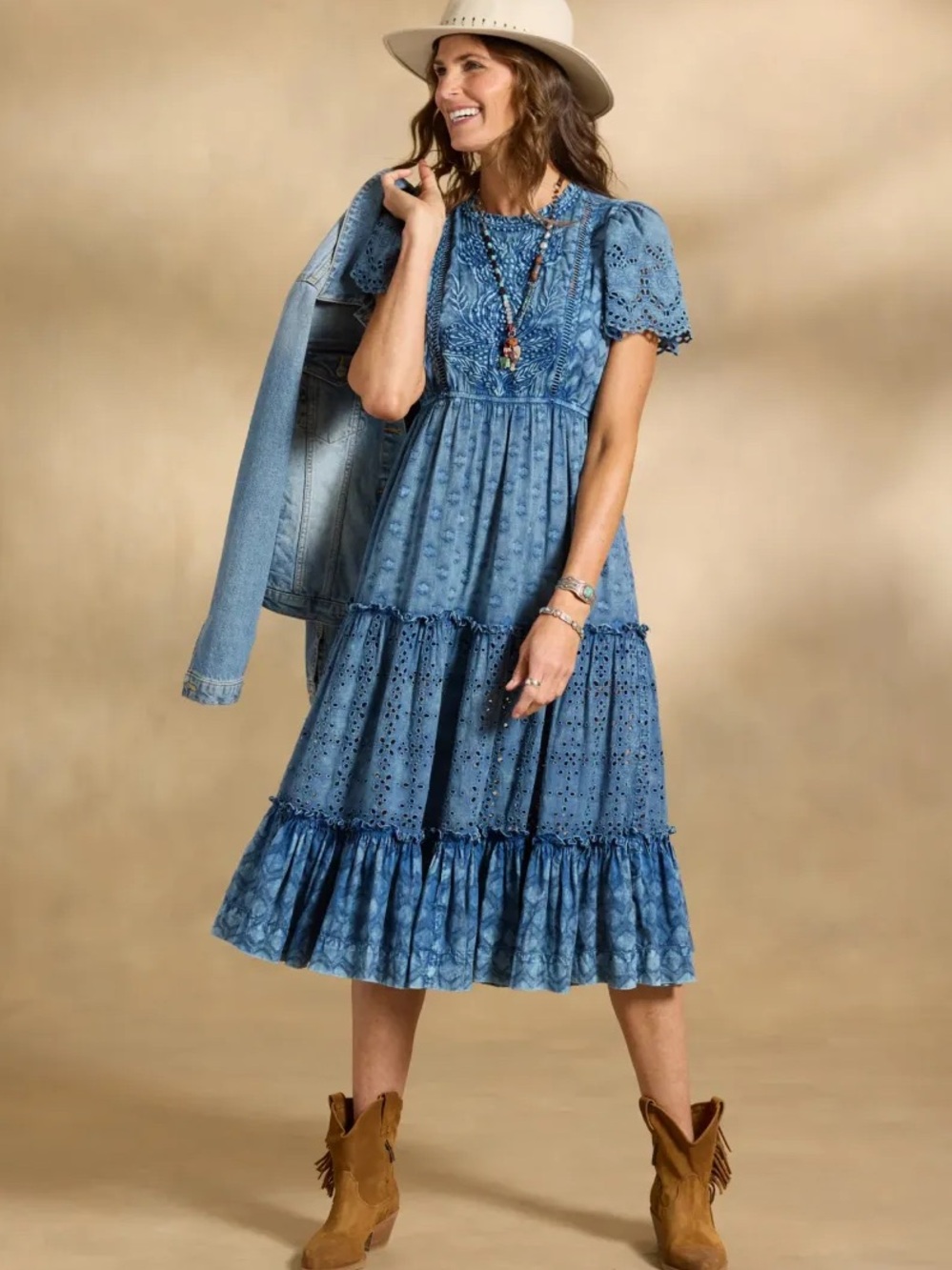 Sundance Isla River Midi Dress Tiered Cotton Pockets Chambray Indigo - SHORTENED